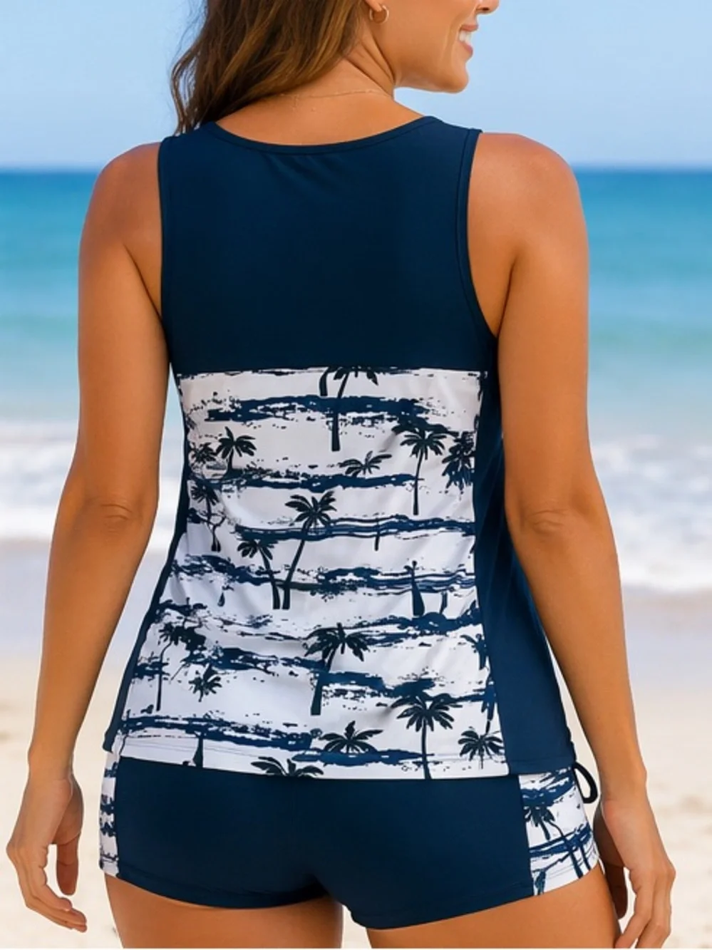 Navy & White Palm Print Tankini Set Top 2x Bottoms 1X - Picture 3 of 4